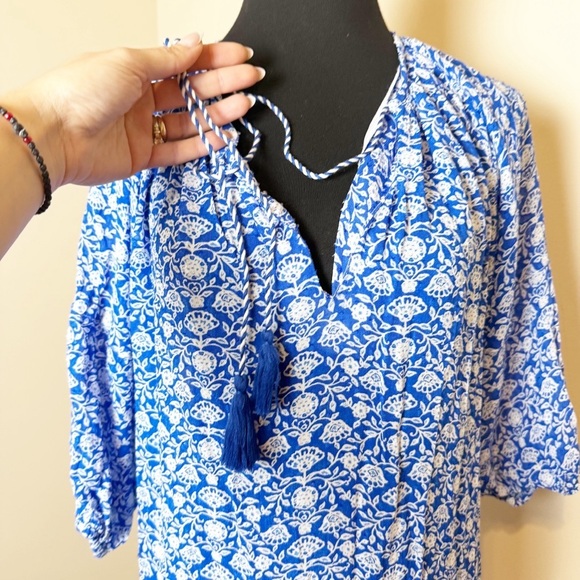 ZARA Blue/White BOHO FLORAL dotted MESH PRINTED MIDI DRESS sz XS - Picture 7 of 12